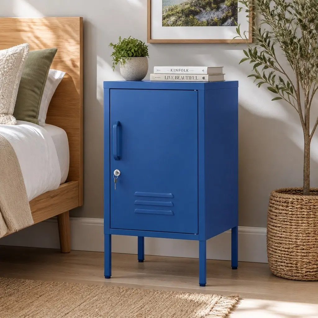 Bedside Table Metal Blue Storage Locker with Shelf and Hook