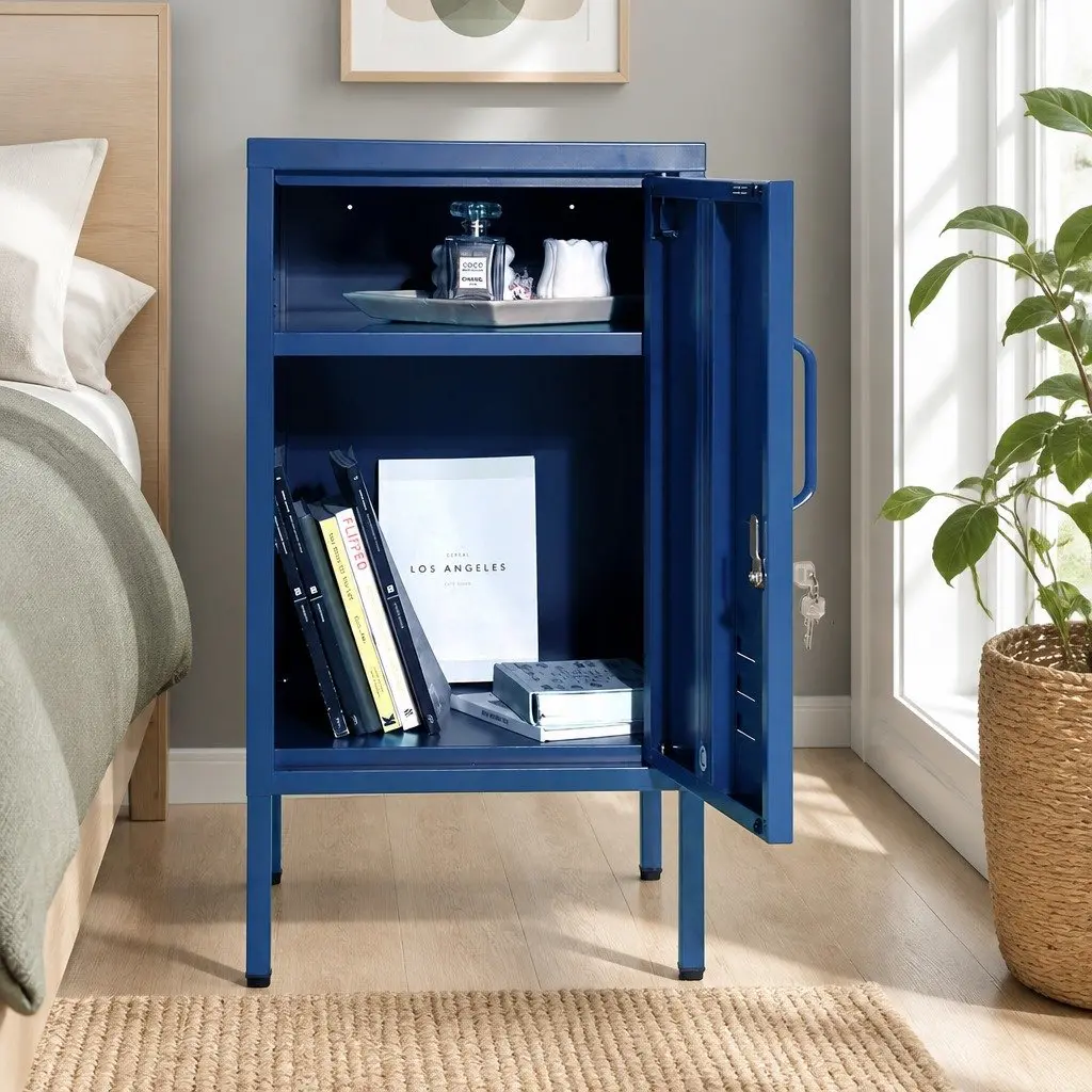 Bedside Table Metal Blue Storage Locker with Shelf and Hook