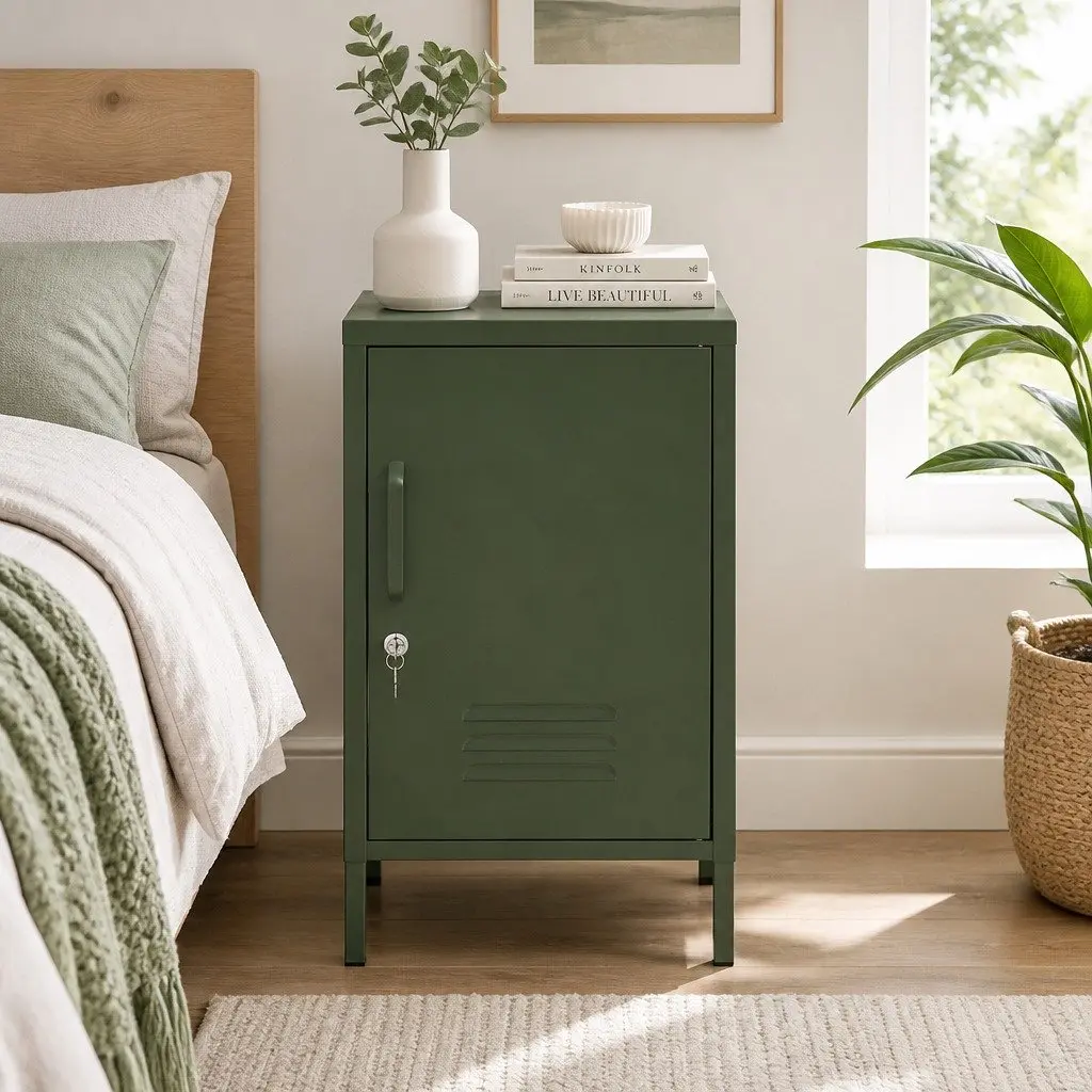 Metal Bedside Storage Cabinet Green Compact with Adjustable Shelf