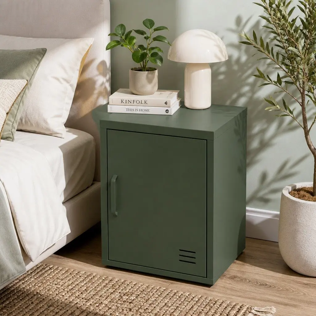 Metal Bedside Storage Cabinet Green Compact with Adjustable Shelf