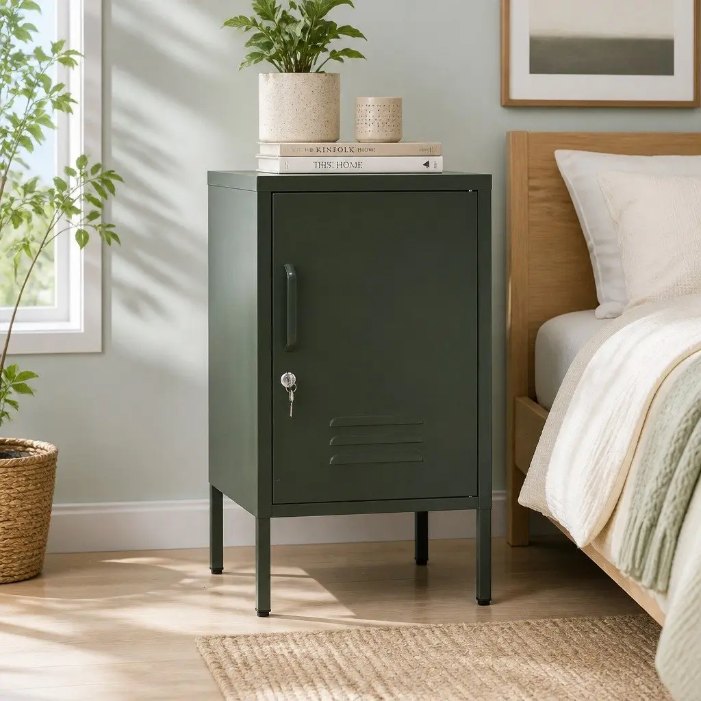 Metal Bedside Storage Cabinet Green Compact with Adjustable Shelf