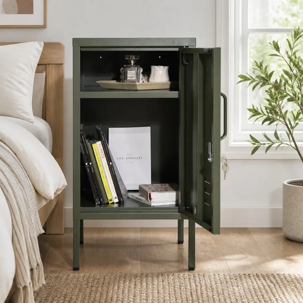 Metal Bedside Storage Cabinet Green Compact with Adjustable Shelf