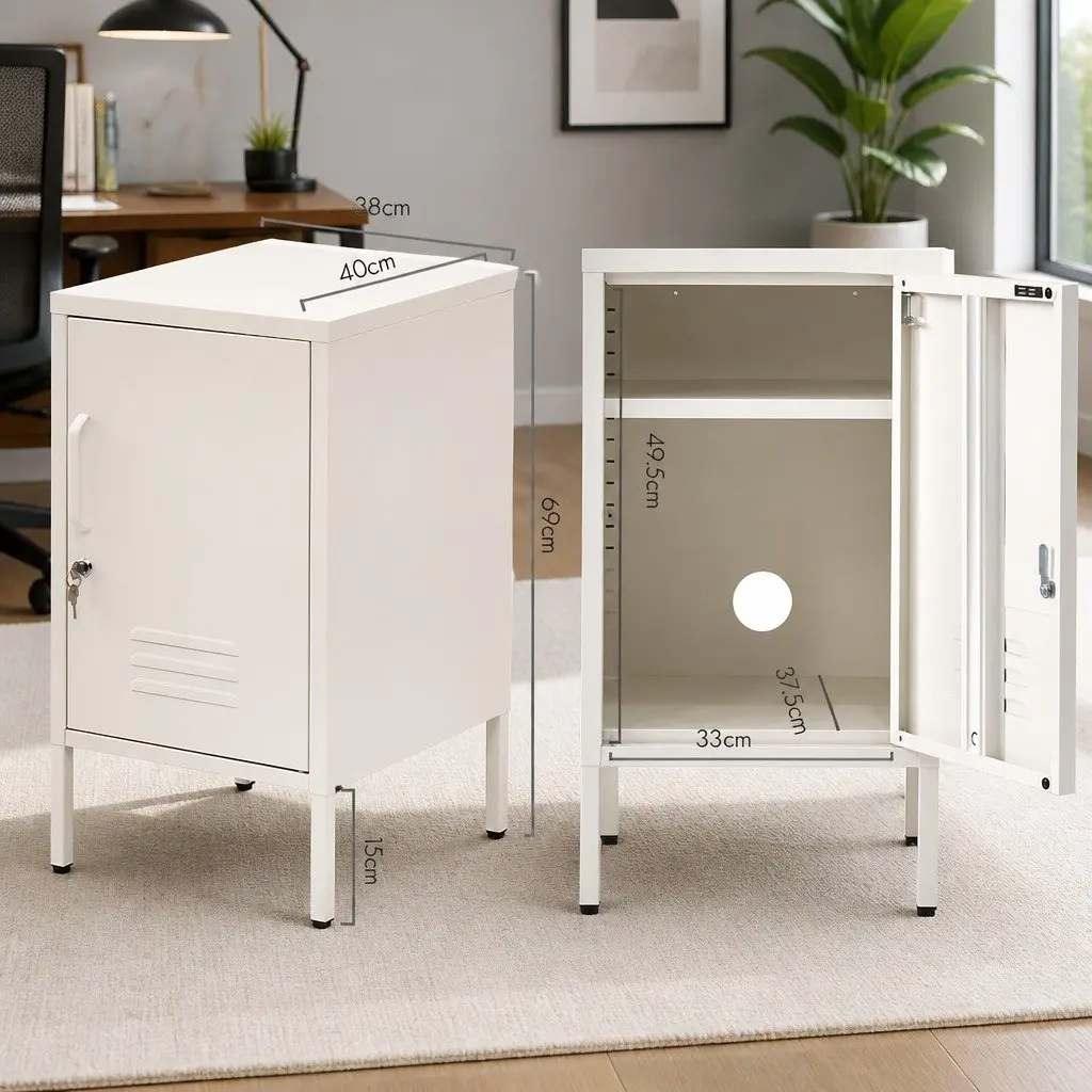 Bedside Table Metal Cabinet White Storage Locker Bedroom Furniture with Shelf