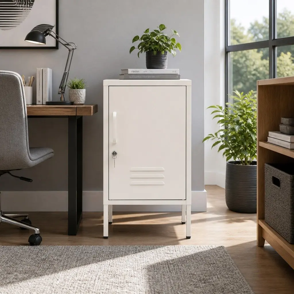 Bedside Table Metal Cabinet White Storage Locker Bedroom Furniture with Shelf