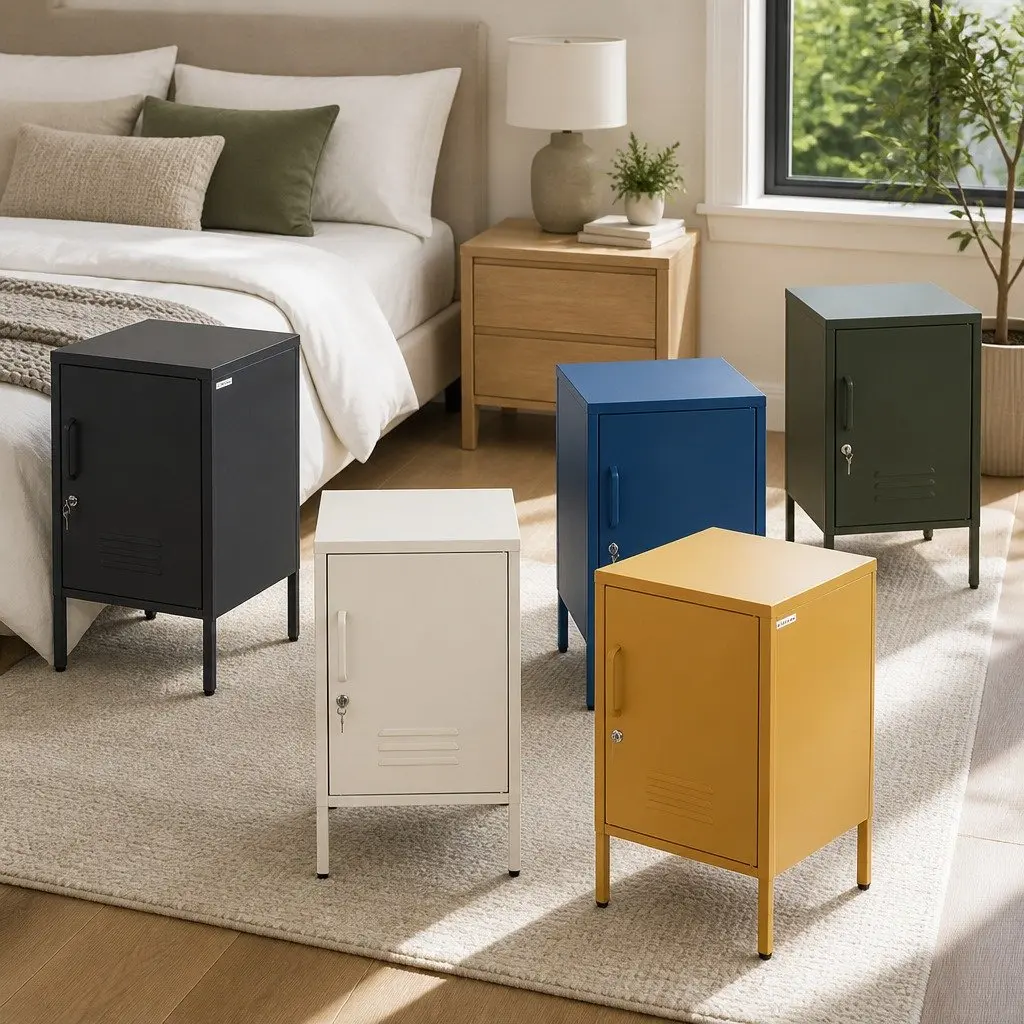 Metal Bedside Table Yellow Cabinet with Adjustable Shelf Lock Cold Rolled Steel