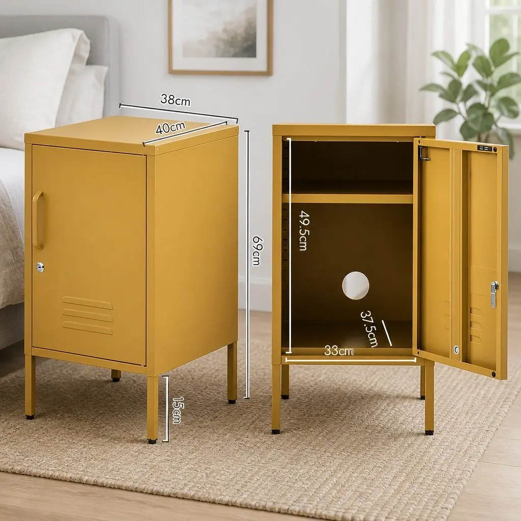 Metal Bedside Table Yellow Cabinet with Adjustable Shelf Lock Cold Rolled Steel