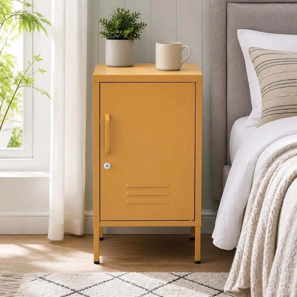 Metal Bedside Table Yellow Cabinet with Adjustable Shelf Lock Cold Rolled Steel