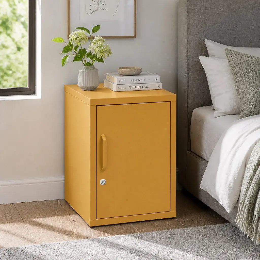 Metal Bedside Table Yellow Cabinet with Adjustable Shelf Lock Cold Rolled Steel