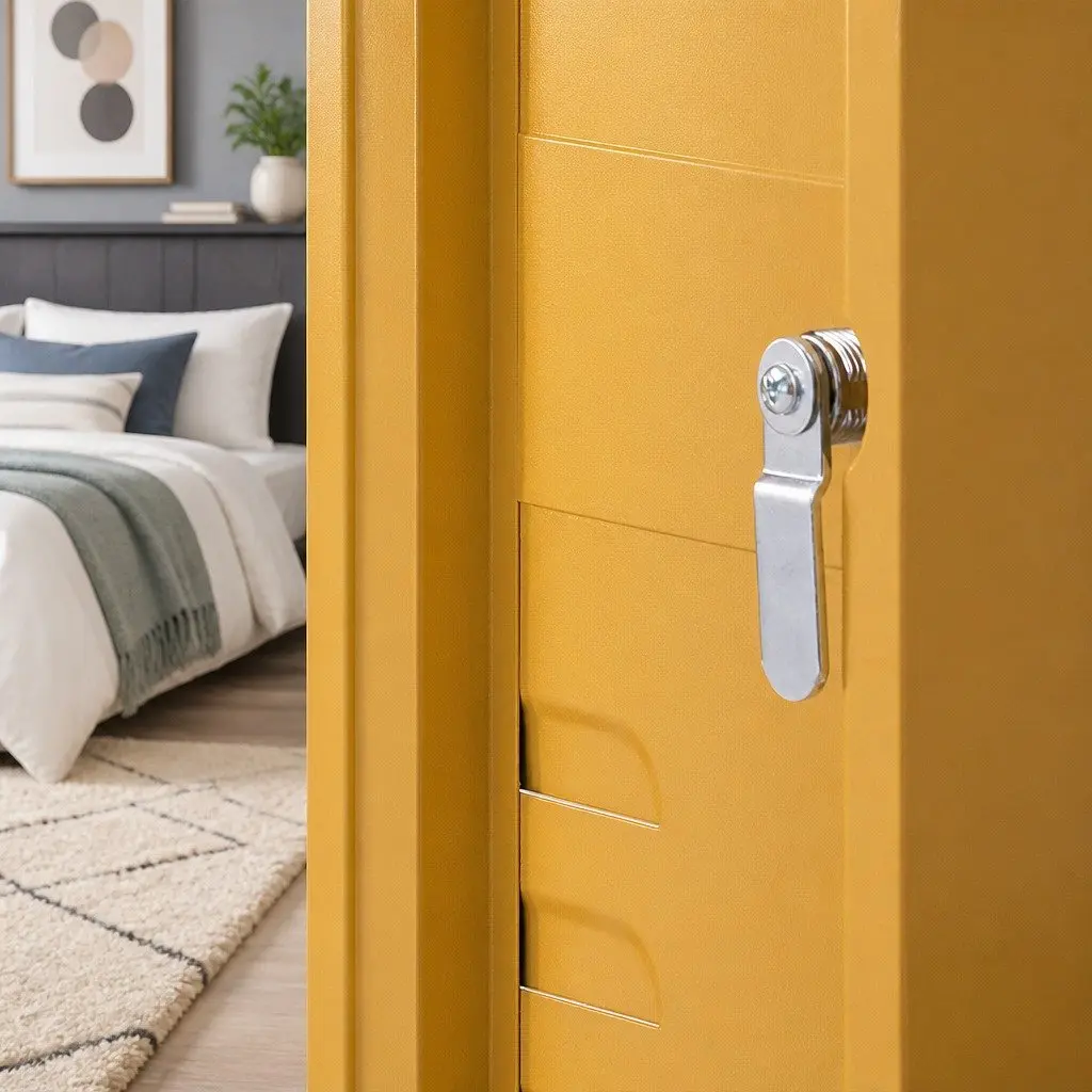 Metal Bedside Table Yellow Cabinet with Adjustable Shelf Lock Cold Rolled Steel