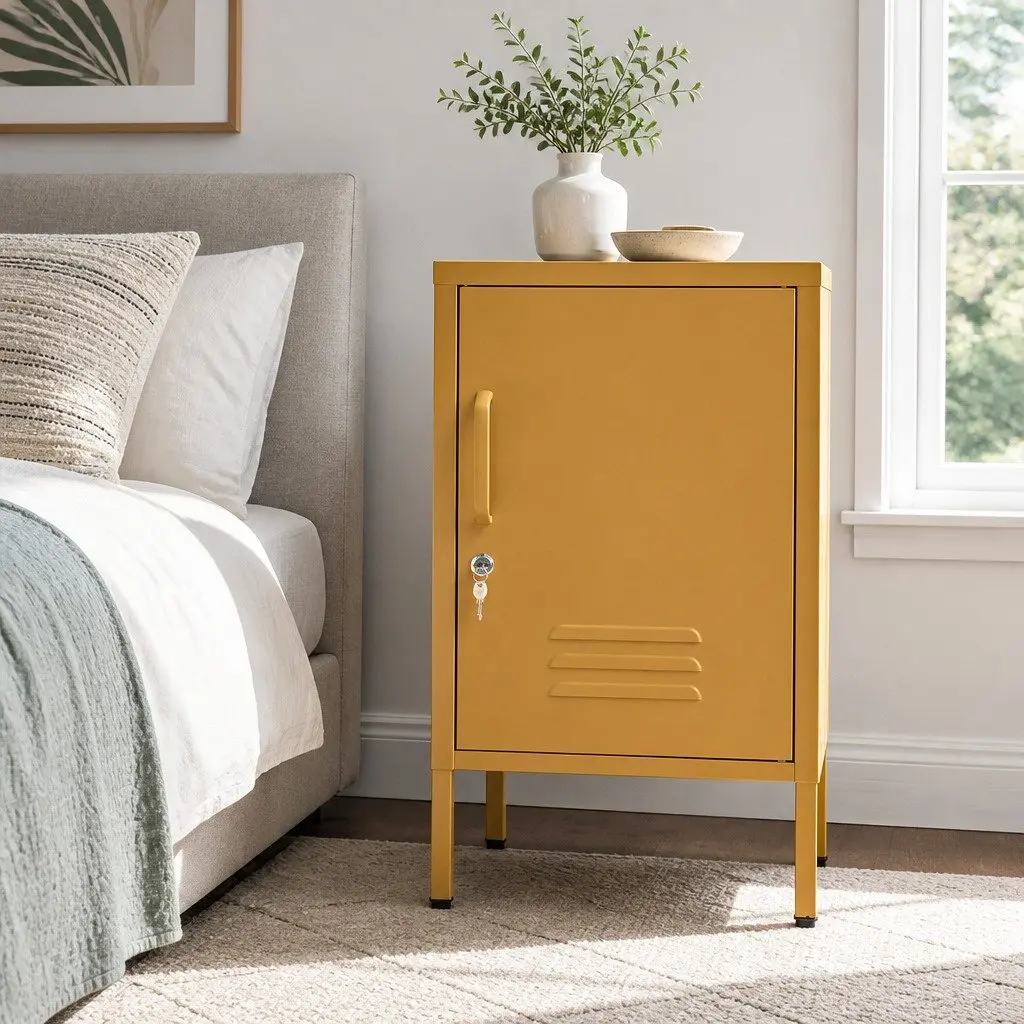 Metal Bedside Table Yellow Cabinet with Adjustable Shelf Lock Cold Rolled Steel