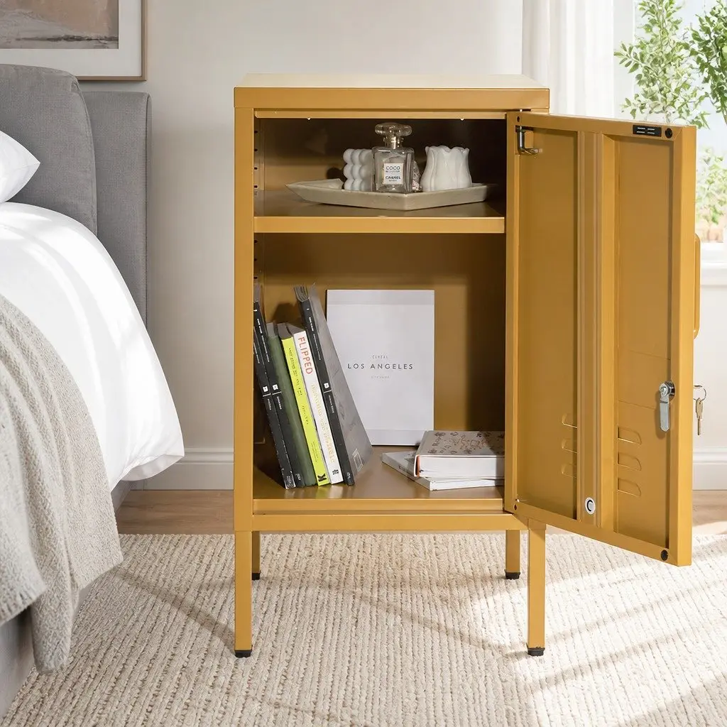 Metal Bedside Table Yellow Cabinet with Adjustable Shelf Lock Cold Rolled Steel