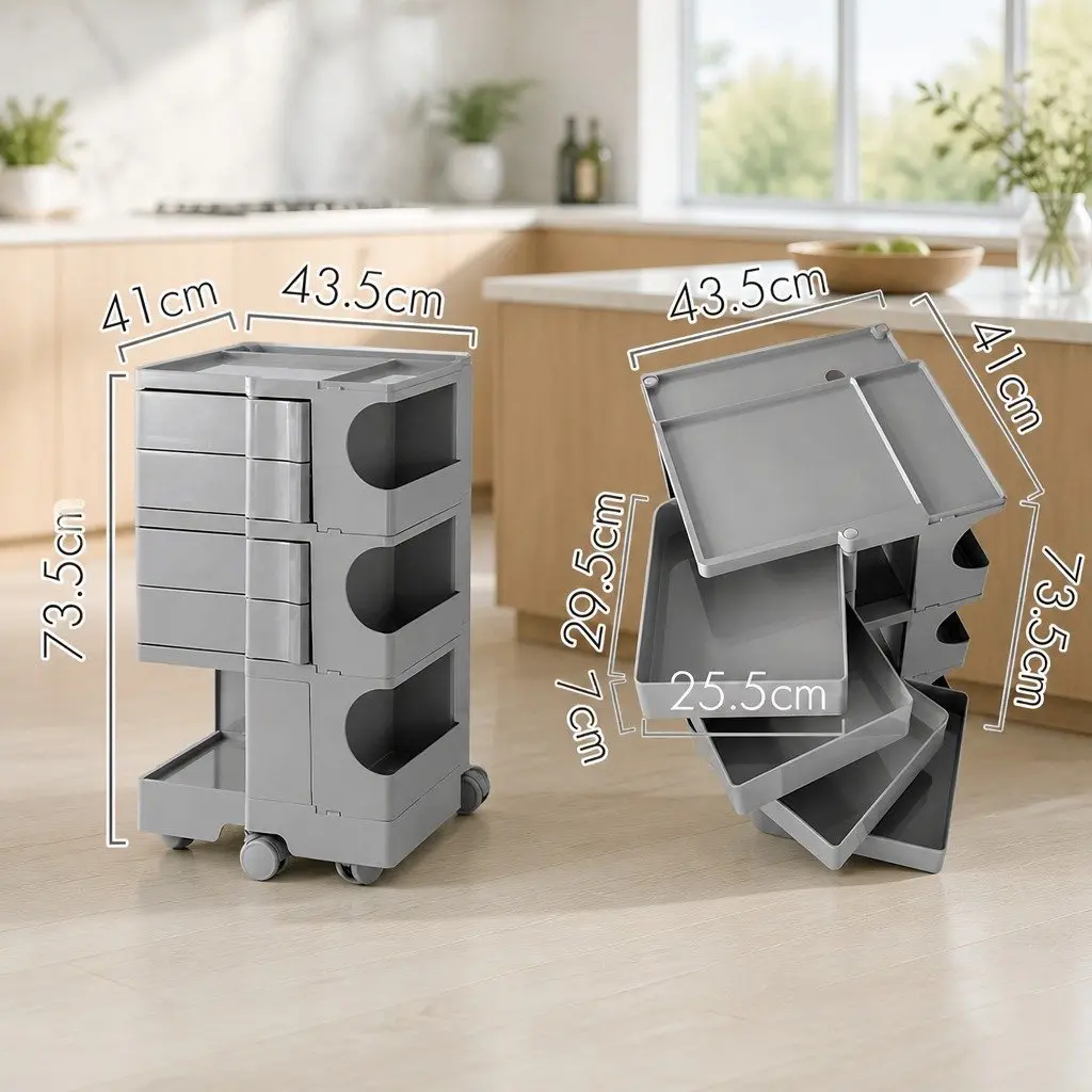 5-Tier Grey Storage Trolley Side Table with Wheels