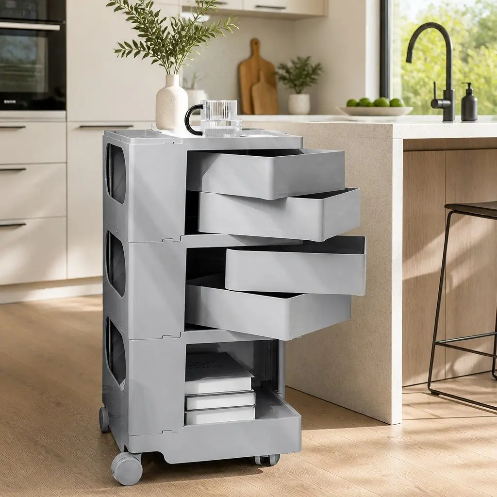 5-Tier Grey Storage Trolley Side Table with Wheels