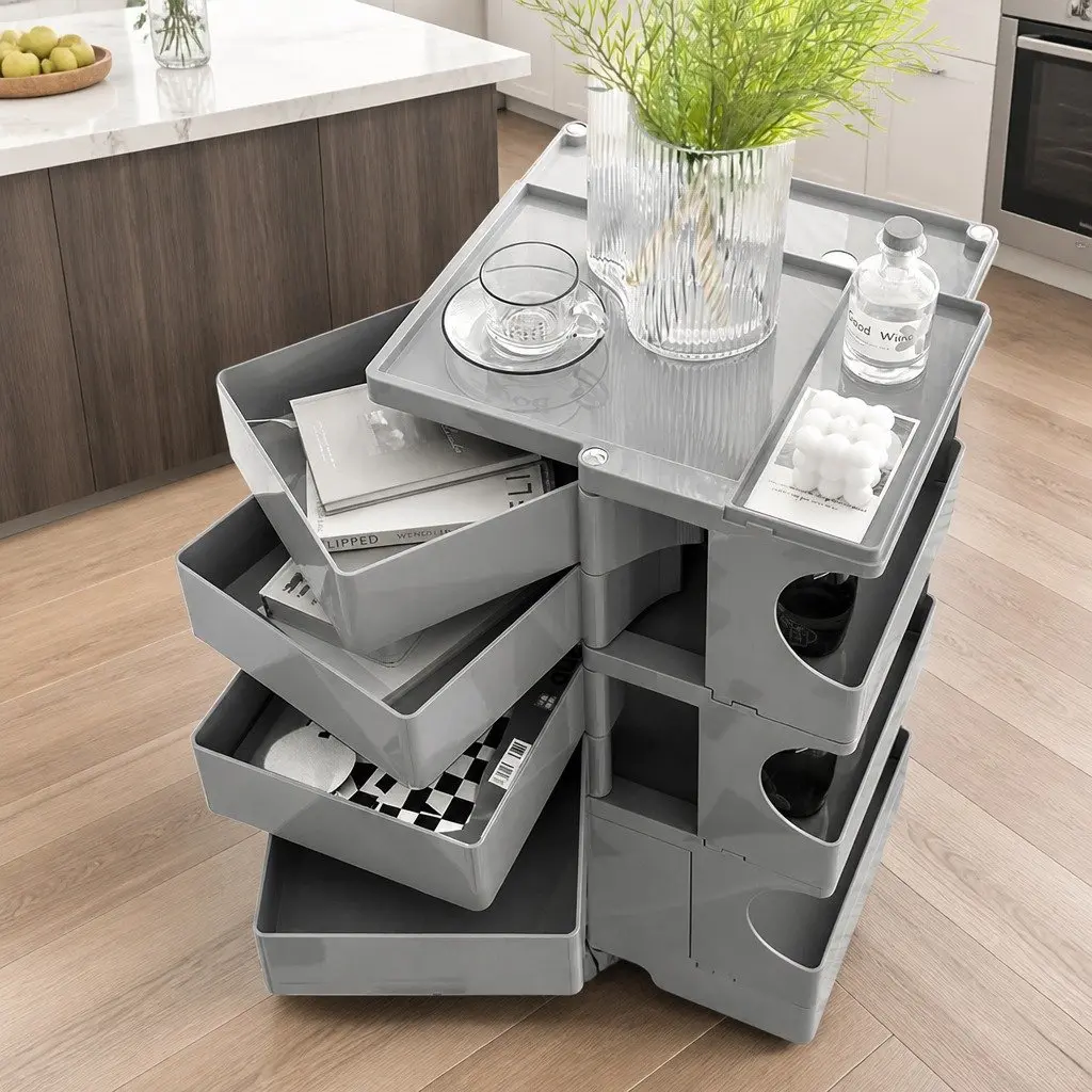 5-Tier Grey Storage Trolley Side Table with Wheels