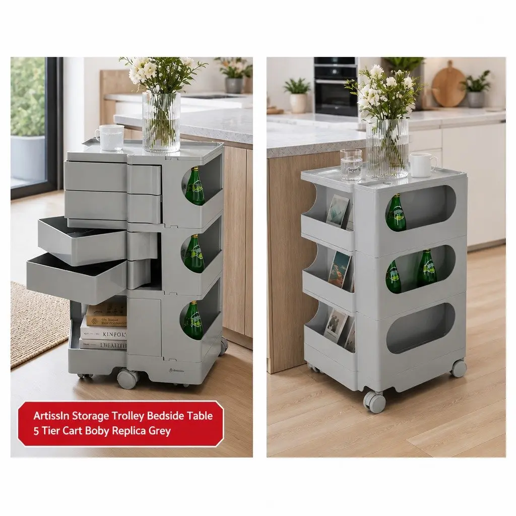 5-Tier Grey Storage Trolley Side Table with Wheels