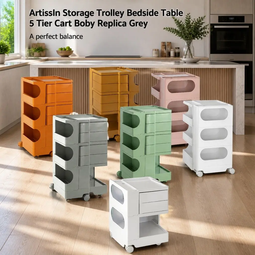 5-Tier Grey Storage Trolley Side Table with Wheels