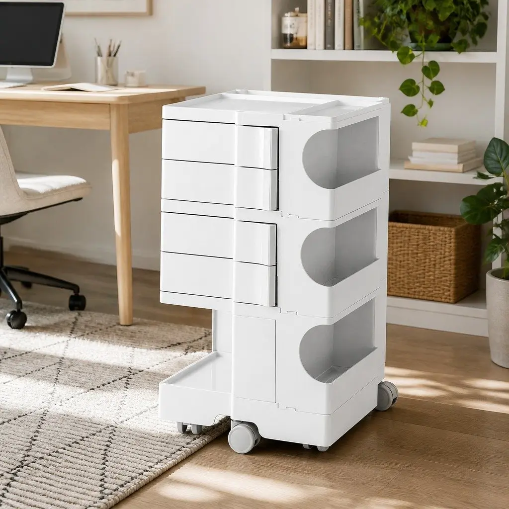 White Organizer Trolley with Fold-Out Shelves