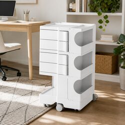 Compact White Organizer Trolley with Fold-Out Shelves