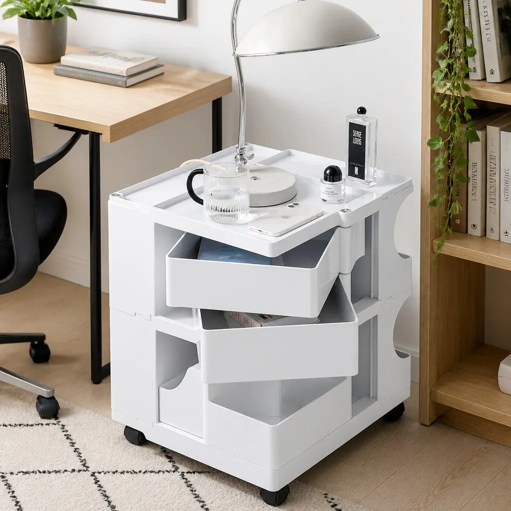 White Organizer Trolley with Fold-Out Shelves