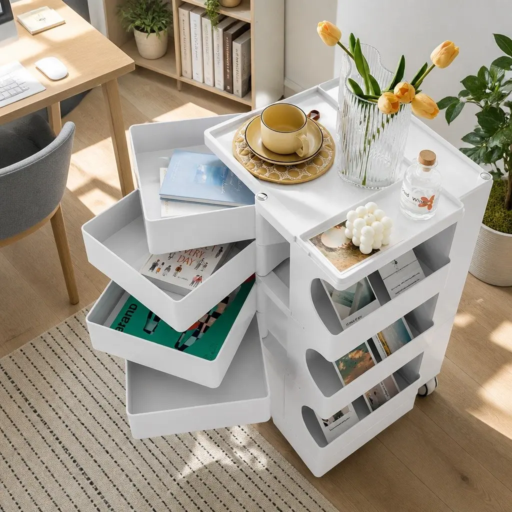 White Organizer Trolley with Fold-Out Shelves