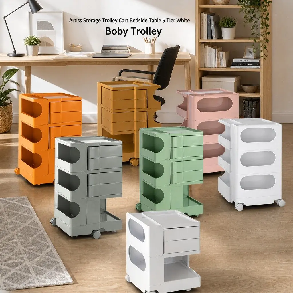 White Organizer Trolley with Fold-Out Shelves