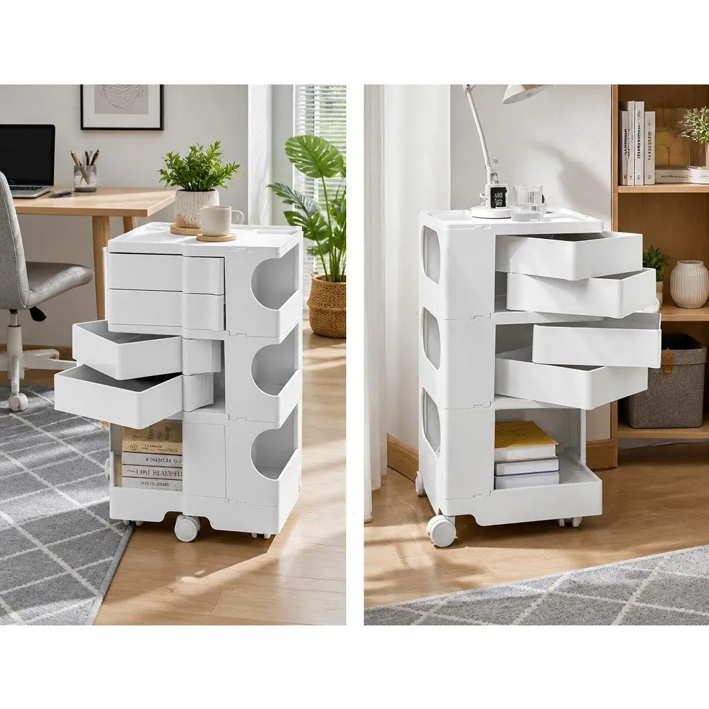 White Organizer Trolley with Fold-Out Shelves