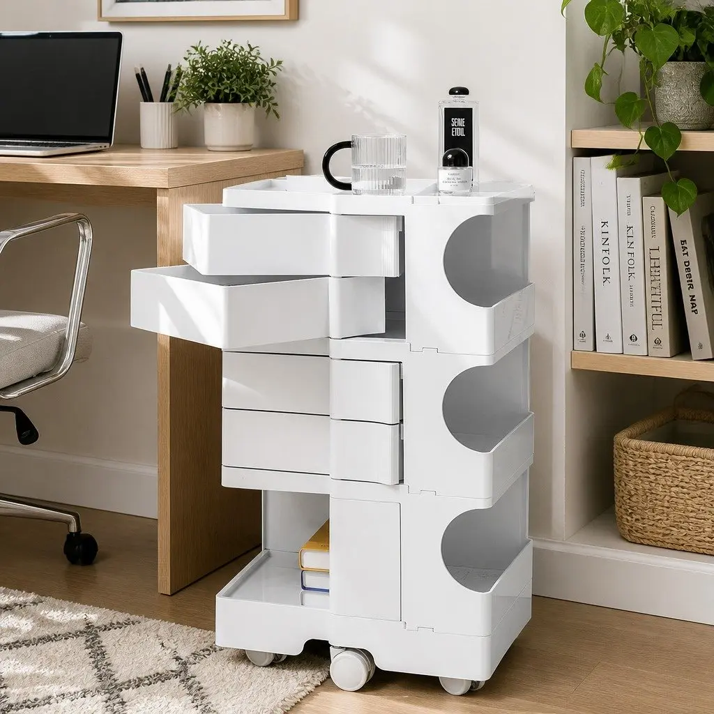 White Organizer Trolley with Fold-Out Shelves