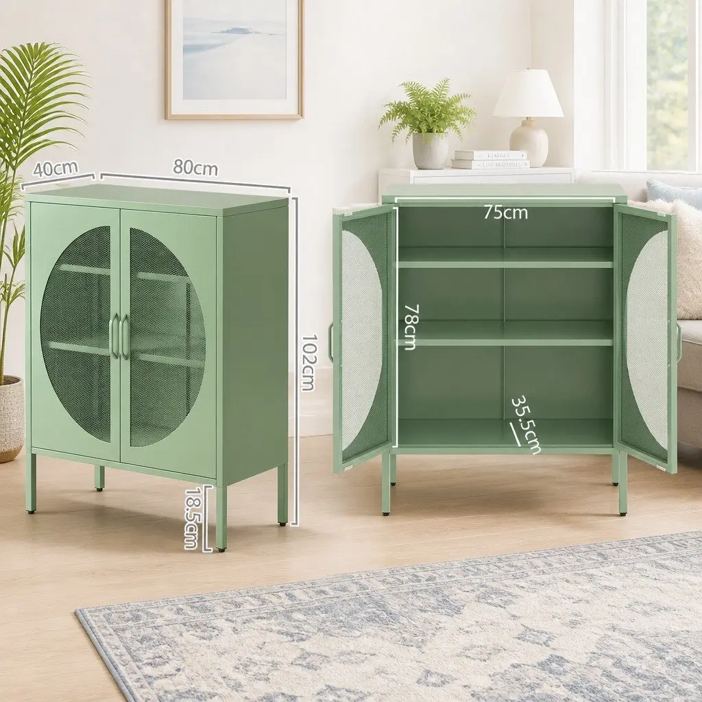 Buffet Sideboard Cabinet Green 2-Door Storage Mesh Doors Cold Rolled Steel