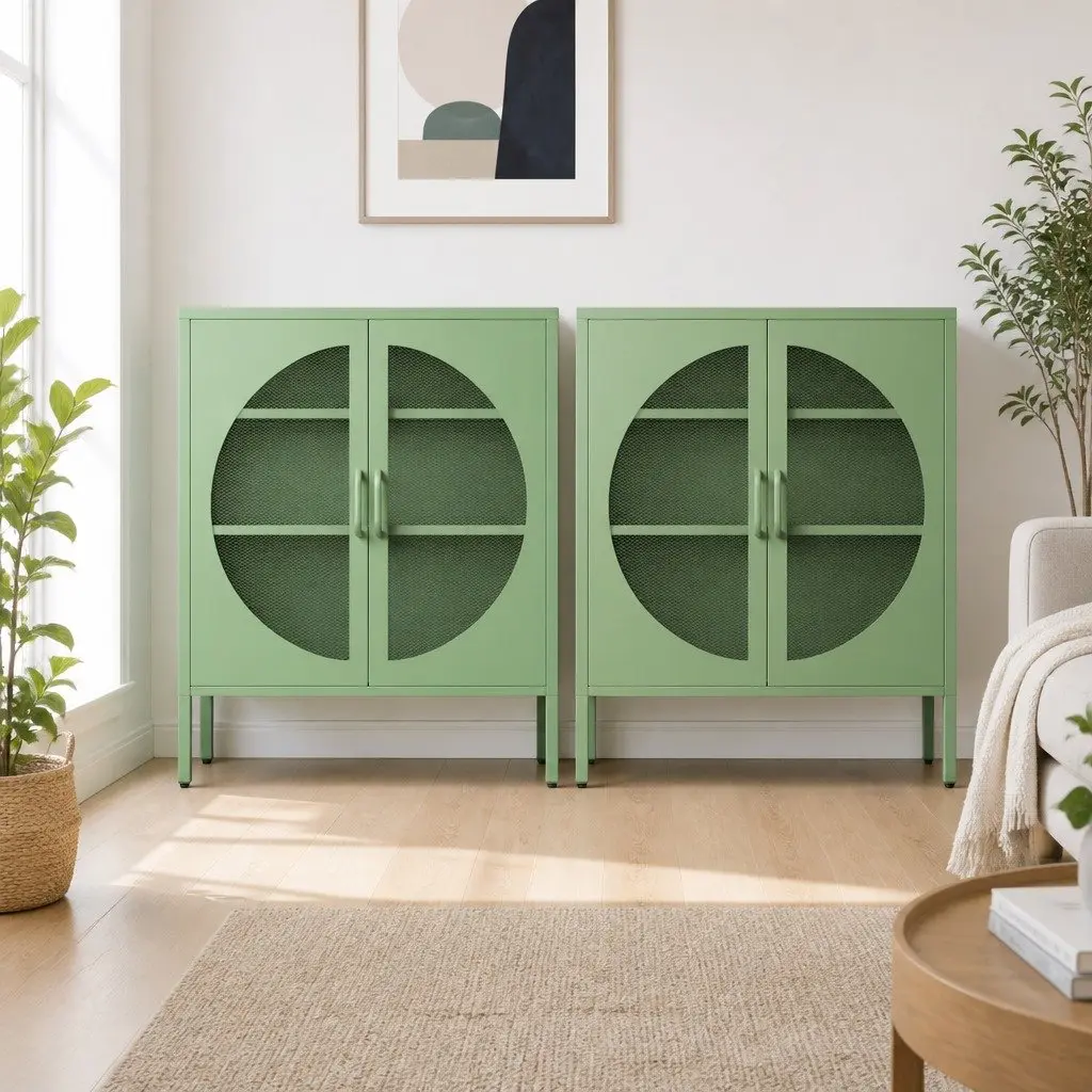Buffet Sideboard Cabinet Green 2-Door Storage Mesh Doors Cold Rolled Steel