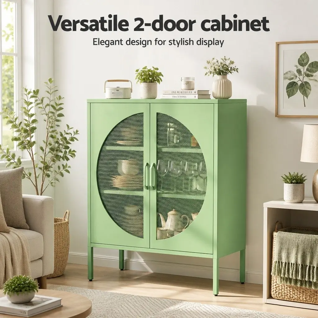 Buffet Sideboard Cabinet Green 2-Door Storage Mesh Doors Cold Rolled Steel