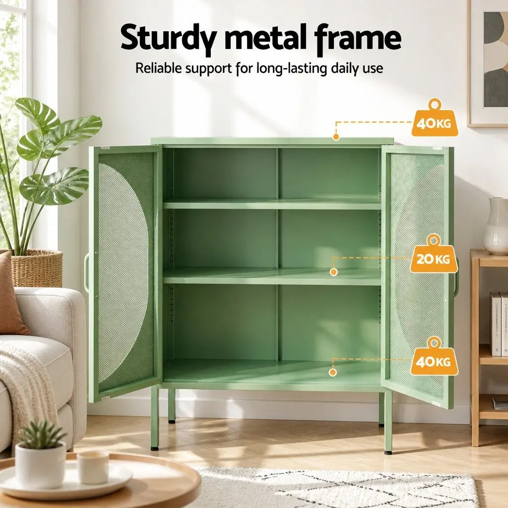 Buffet Sideboard Cabinet Green 2-Door Storage Mesh Doors Cold Rolled Steel