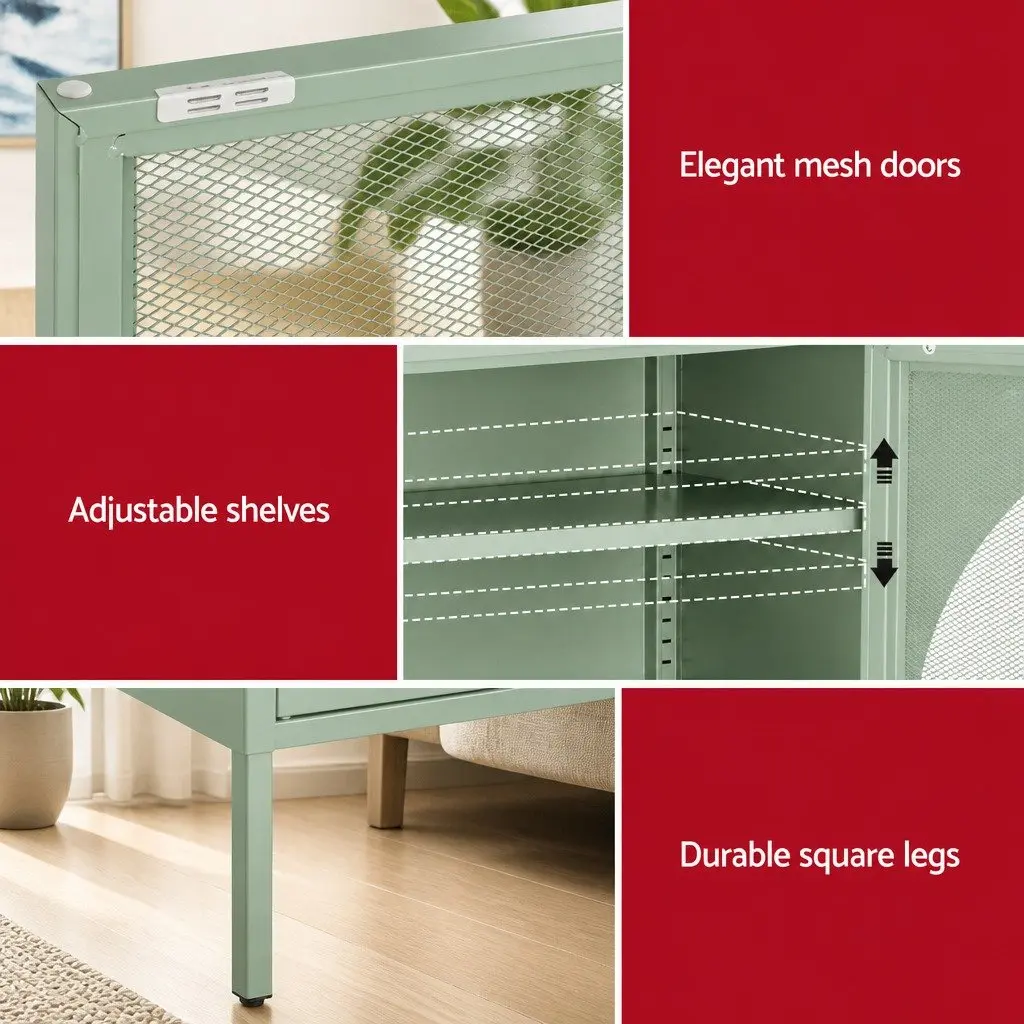 Buffet Sideboard Cabinet Green 2-Door Storage Mesh Doors Cold Rolled Steel