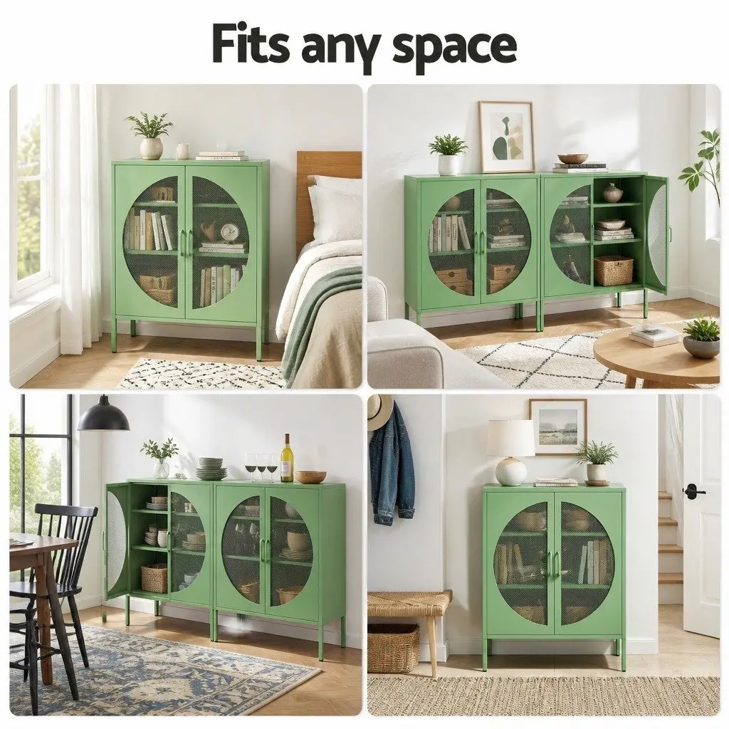 Buffet Sideboard Cabinet Green 2-Door Storage Mesh Doors Cold Rolled Steel