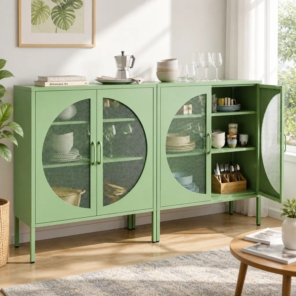 Buffet Sideboard Cabinet Green 2-Door Storage Mesh Doors Cold Rolled Steel