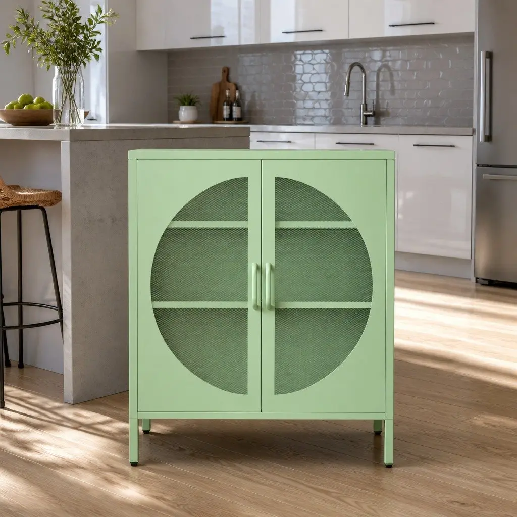 Light Green Buffet Sideboard Storage Cabinet with Mesh Doors