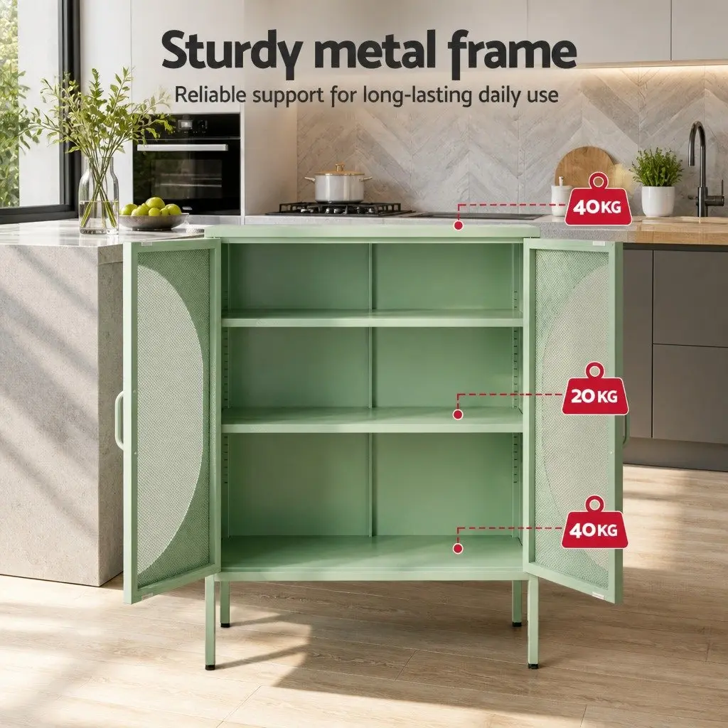 Light Green Buffet Sideboard Storage Cabinet with Mesh Doors