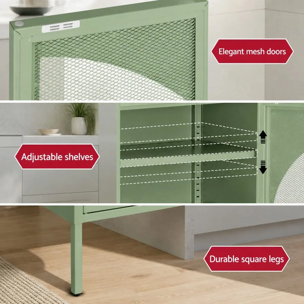 Light Green Buffet Sideboard Storage Cabinet with Mesh Doors