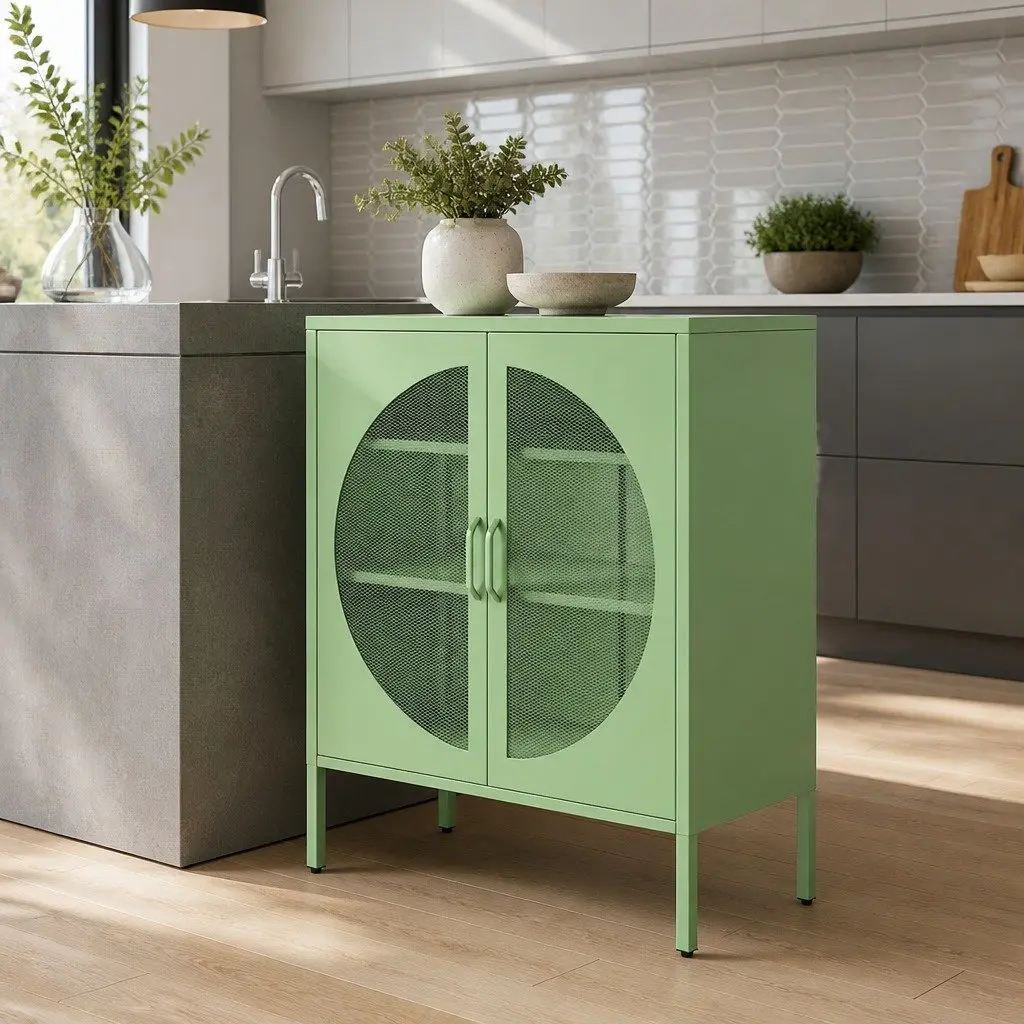 Light Green Buffet Sideboard Storage Cabinet with Mesh Doors