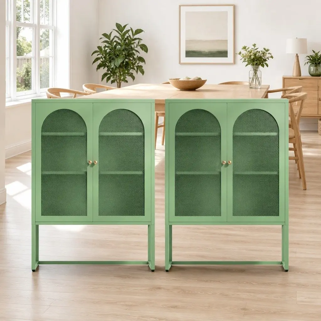 Buffet Sideboard Cabinet Set Green 2 Door Storage Mesh Doors Cold Rolled Steel