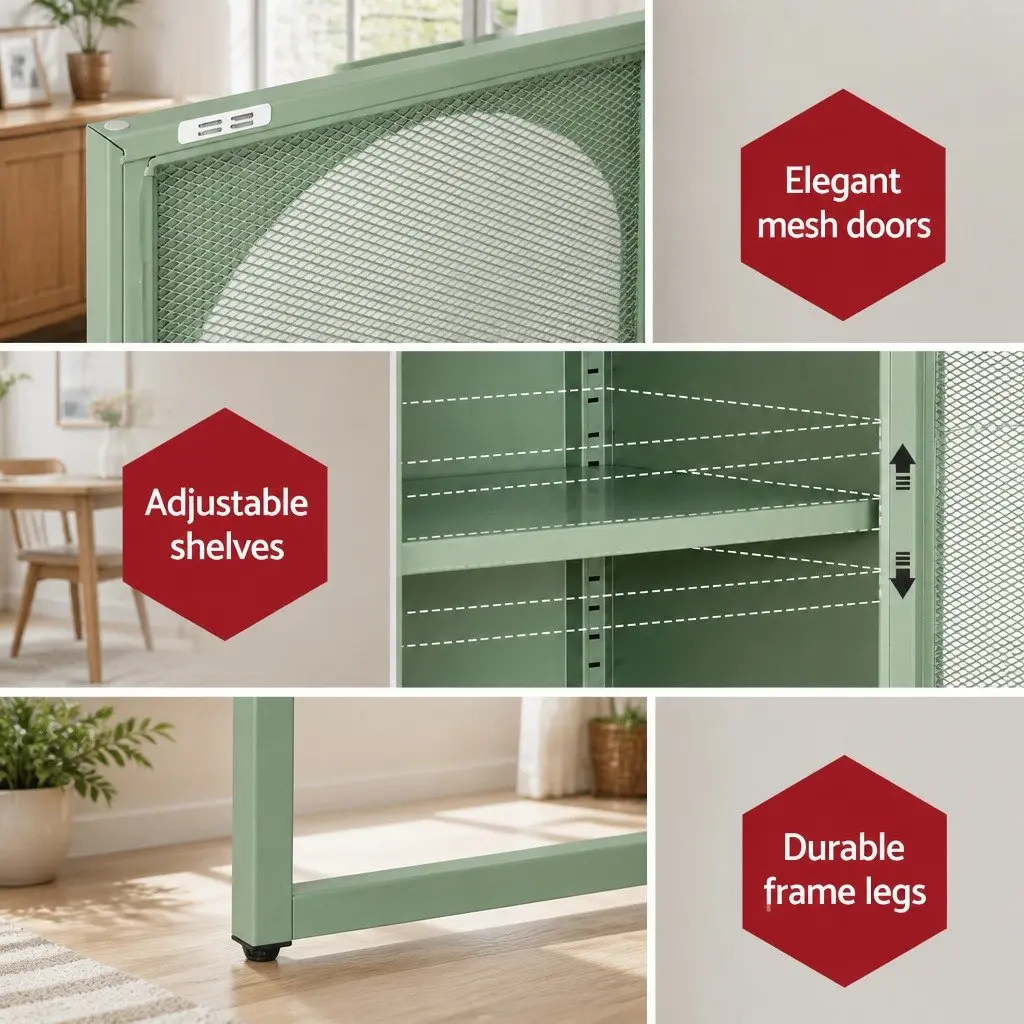 Buffet Sideboard Cabinet Set Green 2 Door Storage Mesh Doors Cold Rolled Steel