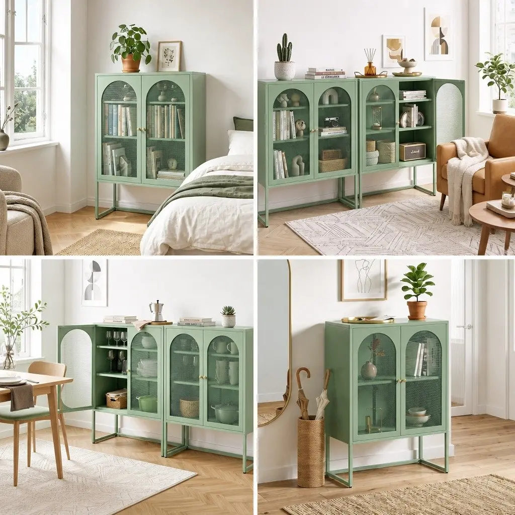 Buffet Sideboard Cabinet Set Green 2 Door Storage Mesh Doors Cold Rolled Steel