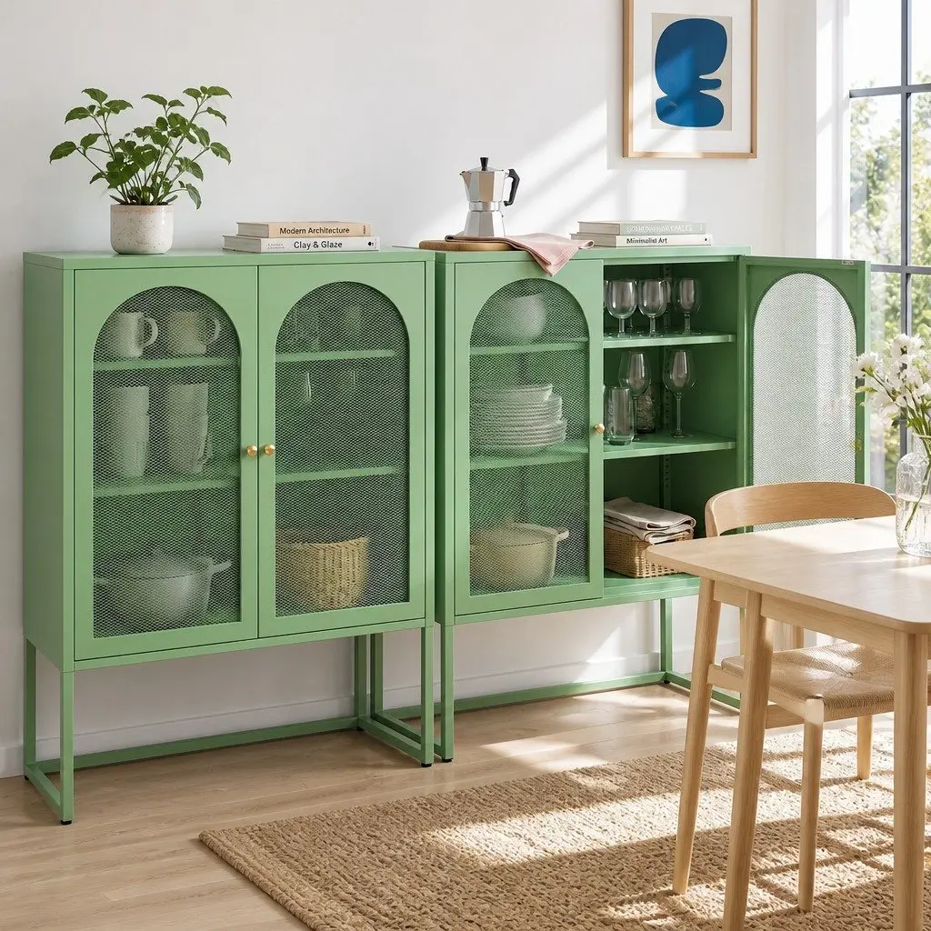 Buffet Sideboard Cabinet Set Green 2 Door Storage Mesh Doors Cold Rolled Steel