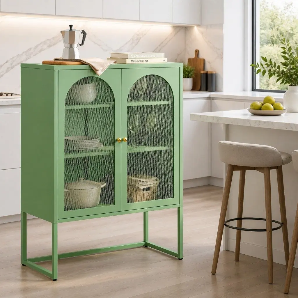 Buffet Sideboard Storage Cabinet Light Green Mesh 2-Door Cold Rolled Steel