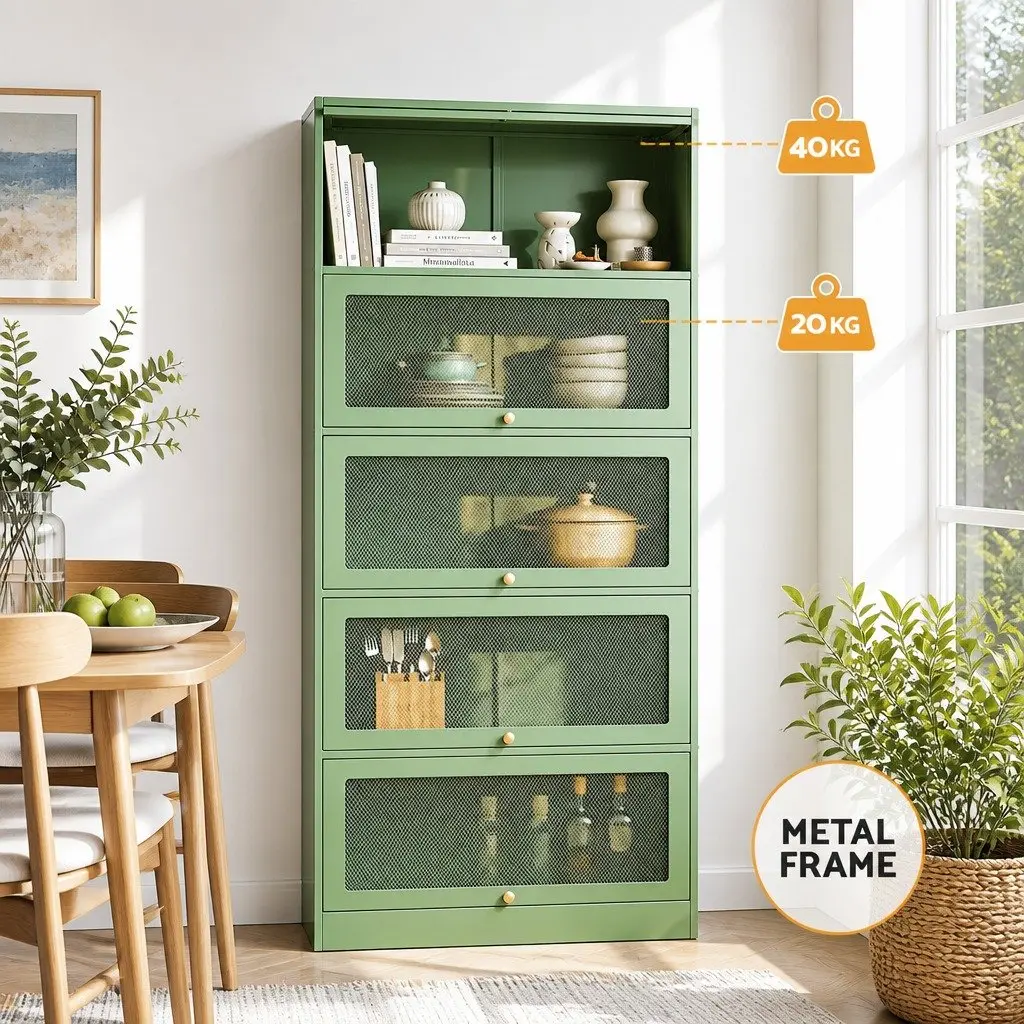 Buffet Sideboard Cabinet Modern 5-Tier Storage Mesh Doors Light Green Cold-Rolled Steel