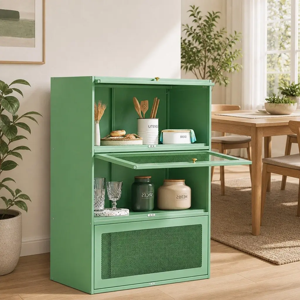 Buffet Sideboard Cabinet Modern 5-Tier Storage Mesh Doors Light Green Cold-Rolled Steel