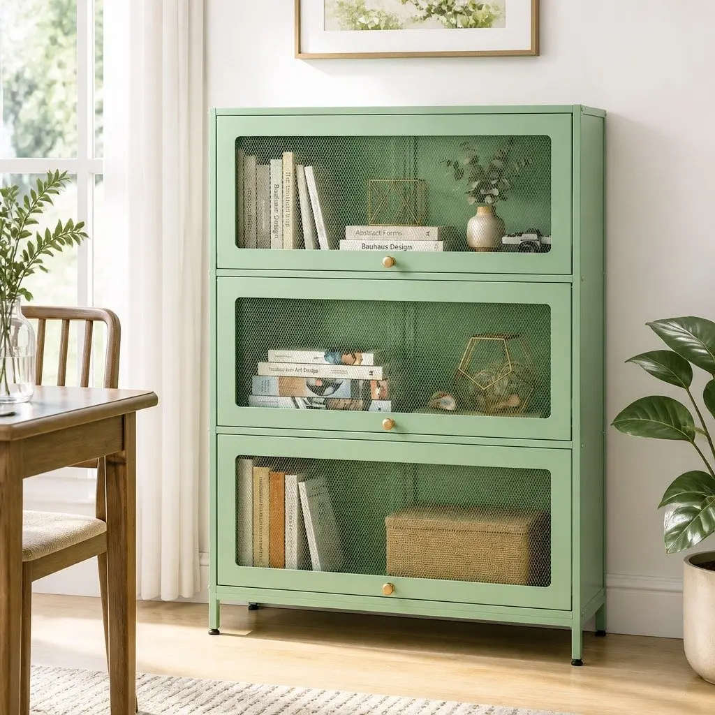 Buffet Sideboard Cabinet Modern 5-Tier Storage Mesh Doors Light Green Cold-Rolled Steel