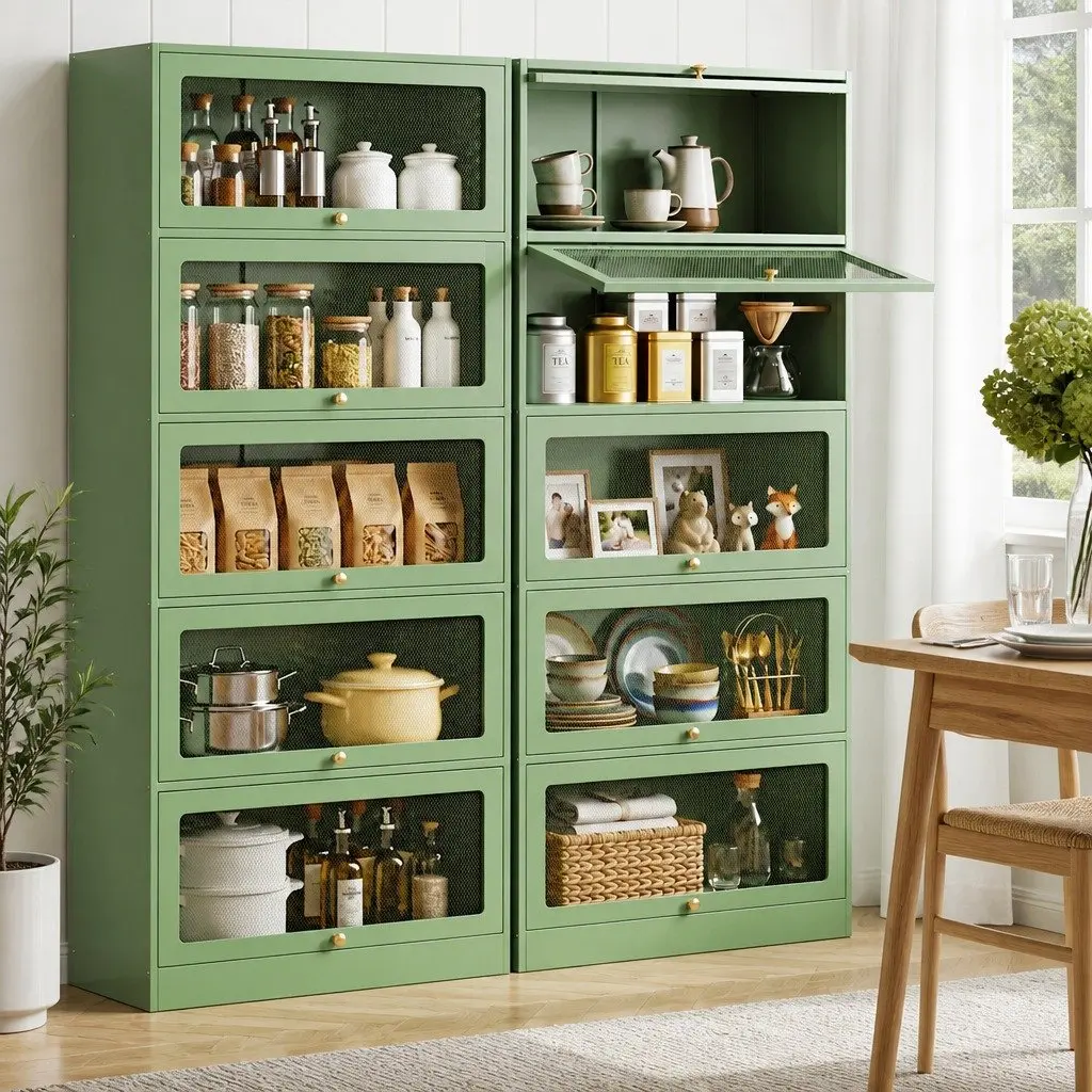 Buffet Sideboard Cabinet Modern 5-Tier Storage Mesh Doors Light Green Cold-Rolled Steel