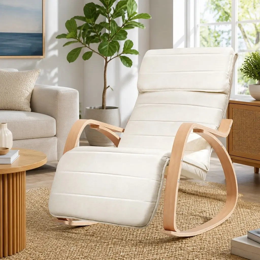 Rocking Armchair with Adjustable Footrest Nursing Chair Beige Bentwood Design