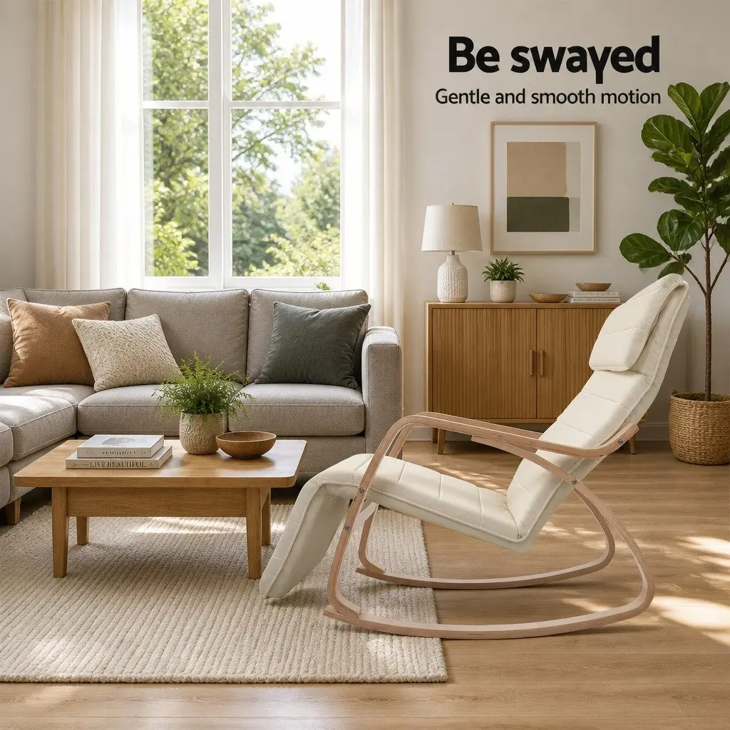 Rocking Armchair with Adjustable Footrest Nursing Chair Beige Bentwood Design