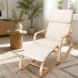 Beige Rocking Armchair with Footstool for Cozy Living